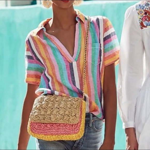 J. Crew Tops - J CREW Striped Linen Short Sleeve Collared Shirt